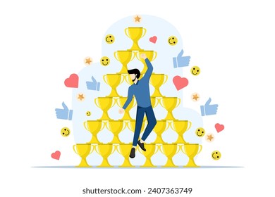 appreciation concept, congratulations to successful businessman with thumbs up, Reward high performing employees, good job or praise successful staff, awards or applause, stacked trophies.