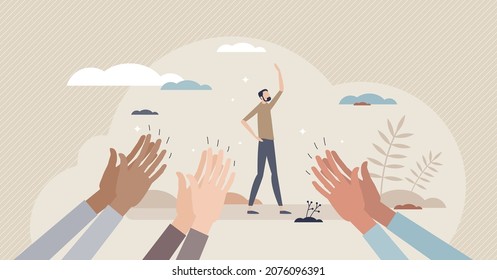 Appreciation and congratulate from crowd with clapping tiny person concept. Audience approval gesture with clap and support vector illustration. Applaud to thanks for great job result. Work feedback.