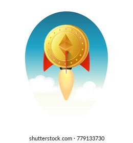 The appreciation of the currency. the red rocket coin The Etherium flies into the sky. Icon on white background