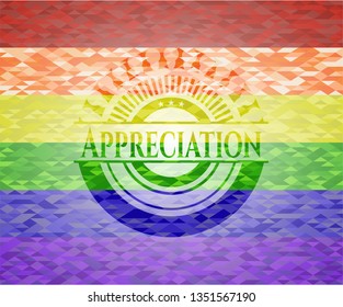 Appreciation emblem on mosaic background with the colors of the LGBT flag