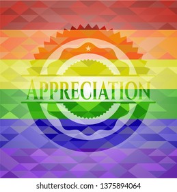 Appreciation emblem on mosaic background with the colors of the LGBT flag
