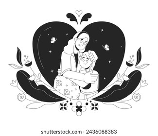 Appreciation mother day black and white 2D illustration concept. Closeness affectionate mom young daughter cartoon outline characters isolated on white. Good warm moment metaphor monochrome vector art