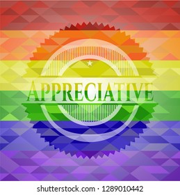 Appreciative emblem on mosaic background with the colors of the LGBT flag