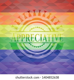 Appreciative emblem on mosaic background with the colors of the LGBT flag