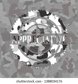 Appreciative grey camouflage emblem. Vector Illustration.