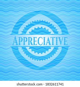 Appreciative sky blue water wave emblem. Vector Illustration. Detailed. 