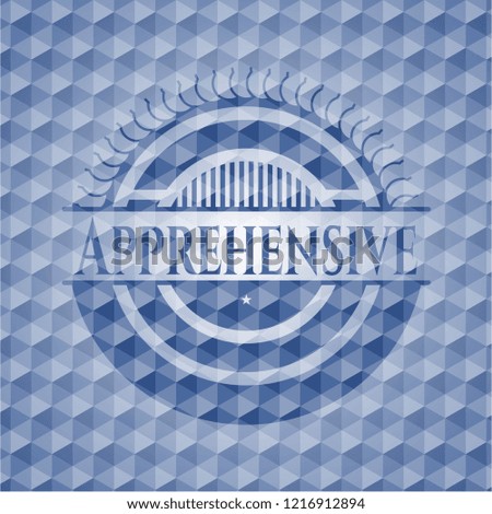Apprehensive blue emblem or badge with geometric pattern background.