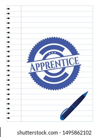 Apprentice pen strokes emblem. Blue ink. Vector Illustration. Detailed.