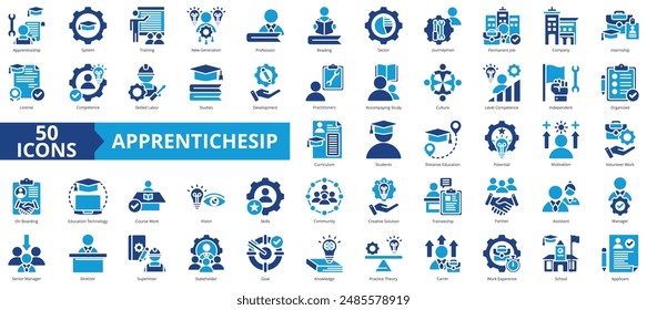 Apprenticeship icon collection set. Containing system, training, new generation, profession, reading, sector, internship icon. Simple flat vector.