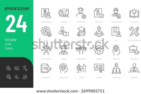 Apprenticeship Line Editable Icons set. Vector illustration in modern thin style of job related icons: training, skills, development, and more. Isolated on transparent background.