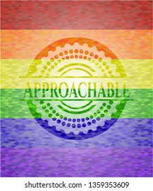 Approachable emblem on mosaic background with the colors of the LGBT flag