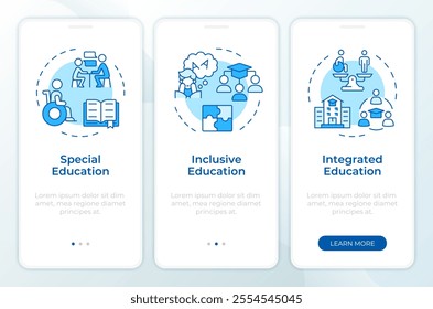 Approaches to education blue onboarding mobile app screen. School walkthrough 3 steps editable graphic instructions with linear concepts. UI, UX, GUI template