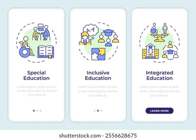 Approaches to education onboarding mobile app screen. School walkthrough 3 steps editable graphic instructions with linear concepts. UI, UX, GUI template