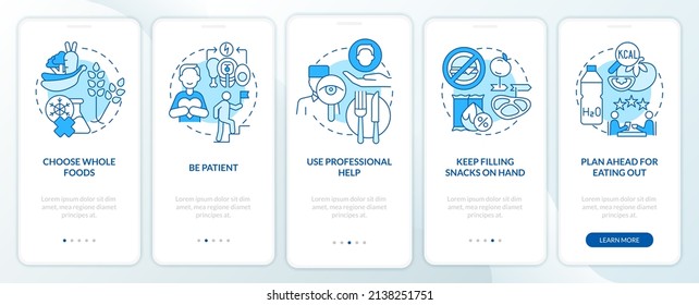 Approaches to healthy diet blue onboarding mobile app screen. Walkthrough 5 steps graphic instructions pages with linear concepts. UI, UX, GUI template. Myriad Pro-Bold, Regular fonts used