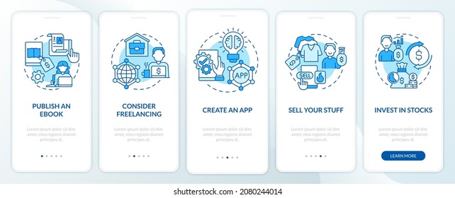 Approaches to make money online onboarding mobile app page screen. Freelancing walkthrough 5 steps graphic instructions with concepts. UI, UX, GUI vector template with linear color illustrations