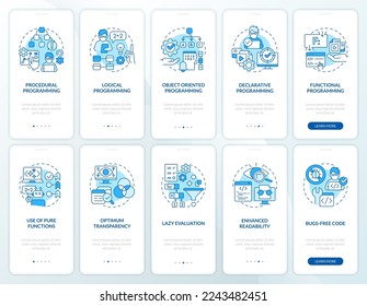 Approaches to programming blue onboarding mobile app screen set. Walkthrough 5 steps editable graphic instructions with linear concepts. UI, UX, GUI template. Myriad Pro-Bold, Regular fonts used