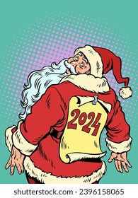 The approaching Christmas holidays come unexpectedly. Santa Claus is looking to 2024. The upcoming New Year is amazing. Pop Art Retro Vector Illustration Kitsch Vintage 50s 60s Style