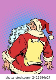 The approaching Christmas holidays come unexpectedly. Santa Claus looks at his back. The upcoming New Year is amazing. Pop Art Retro Vector Illustration Kitsch Vintage 50s 60s Style