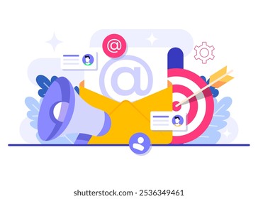 Acercándose a la audiencia objetivo utilizando la ilustración plana del email marketing, estrategia de negocio en línea, publicidad, boletín de correo electrónico, mensajería, concepto de marketing para el Anuncio de Web, redes sociales, infografía