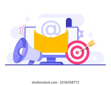 Acercándose a la audiencia objetivo utilizando la Ilustración vectorial plana del email marketing, estrategia de negocio en línea, publicidad, boletín de correo electrónico, mensajería, concepto de material de marketing para la página de destino, prohibición de Web