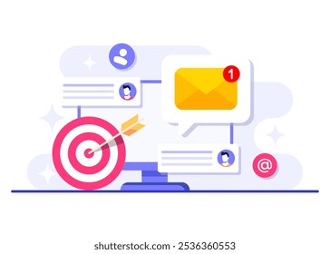 Acercándose a la audiencia objetivo utilizando la Ilustración vectorial plana del email marketing, estrategia de negocio en línea, publicidad, boletín de correo electrónico, mensajería, concepto de material de marketing para la página de destino, Anuncio