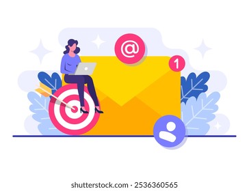 Acercándose a la audiencia objetivo utilizando la Ilustración vectorial plana del email marketing, estrategia de negocio en línea, publicidad, boletín de correo electrónico, mensajería, concepto de material de marketing para la página de destino, Anuncio