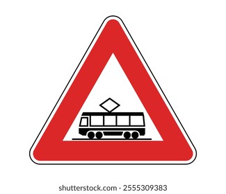 Approaching Tramway Level Crossing Warning Sign Featuring Red Triangle and Black Tram Icon, Indicating Potential Tramway Hazards, Available as a Vector File