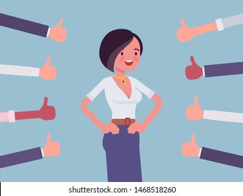 Approbation, commendation and praise, thumbs approving happy woman. Hand gestures showing friendly respect, business recognition, well done or agreement symbol. Vector flat style cartoon illustration