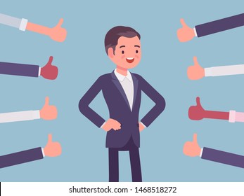 Approbation, Commendation And Praise, Thumbs Approving Happy Man. Hand Gestures Showing Friendly Respect And Business Recognition, Well Done Or Agreement Symbol. Vector Flat Style Cartoon Illustration