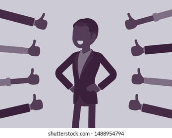 Approbation, commendation and praise, thumbs approving man. Hand gestures showing friendly respect and business recognition, well done or agreement symbol. Vector illustration, faceless character