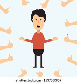 Approbation, commendation and praise, thumbs approving happy man. Hand gestures showing friendly respect and business recognition, well done or agreement symbol. Vector flat style cartoon illustration