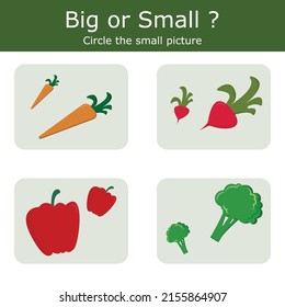 Appropriate children's educational game. Find where the big and small vegetable is. Activities for preschool children and toddlers