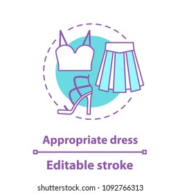 Appropriate dress concept icon. Informal wear idea thin line illustration. Holiday clothes. Crop top, skirt, high heel shoe. Vector isolated outline drawing. Editable stroke