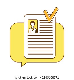 Objeto vectorial de color semiplano candidato adecuado para el trabajo. Elemento de tamaño completo sobre blanco. Oferta de trabajo. Reanudar con foto. Reclutamiento simple ilustración de estilo de caricatura para diseño gráfico web y animación