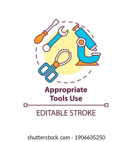 Appropriate tools use concept icon. Workplace safety elements. Different instrument to make work process easier idea thin line illustration. Vector isolated outline RGB color drawing. Editable stroke