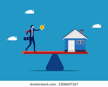 Appropriate value of property or purchase of property. Businessman with money and house on scales