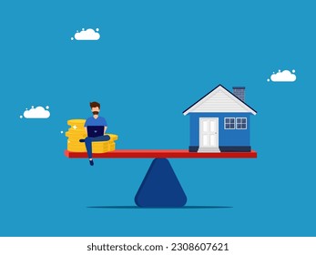 Appropriate value of property or purchase of property. man with money and house on scales