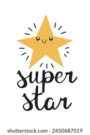 Approval badge or poster with a cute shinning star, hand drawn isolated vector illustration with lettering