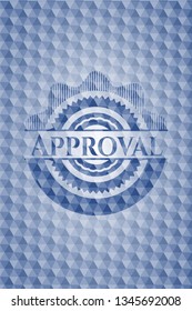 Approval blue badge with geometric pattern background.