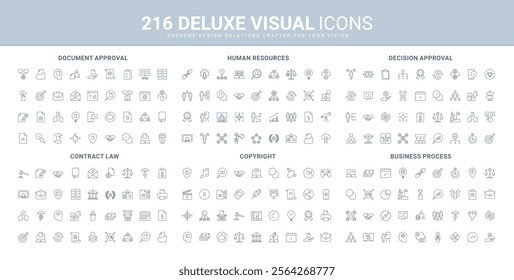 Approval of business decision and official document, search and protection of contracts, copyright and trademark line icon set. HR management of company thin black outline symbols vector illustration