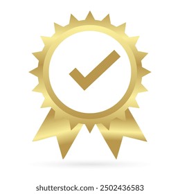 Approval certificate gold color icon. Award or medal symbol. Check mark inside. for company logos and web design. transparent background