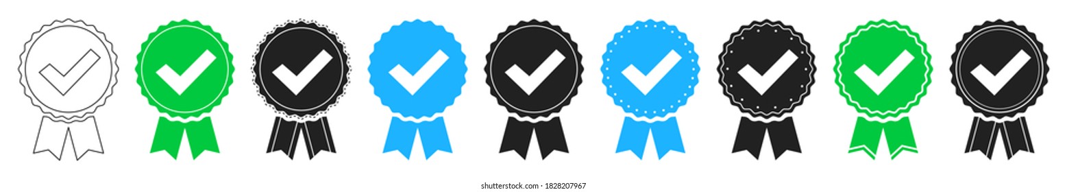 Icono de certificado de aprobación. Juego de medallas de color y negro certificado o de calidad con cinta y marca de marca de diseño plano. Vector de material.