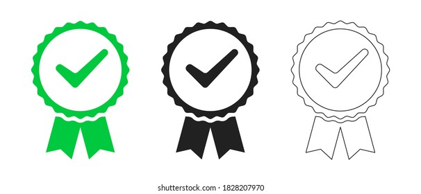 Approval certificate icon. Set of color and black certified or quality medals badge with ribbon and check mark flat design. Stock vector.
