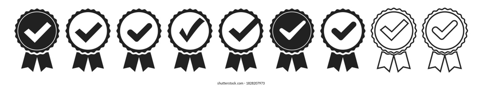 Approval certificate icon. Set of color and black certified or quality medals badge with ribbon and check mark flat design. Stock vector.