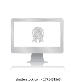 marca certificada de comprobación de aprobación en el interior del monitor de pantalla en blanco con ilustración de un vector de icono moderno con reflexión