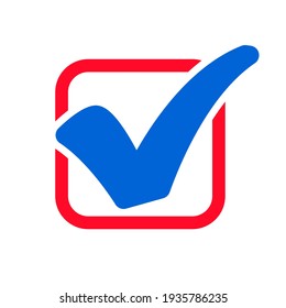 Icono de verificación de aprobación aislado, marca de verificación azul en la caja roja, signo de calidad, marca de graduación - vector de stock