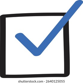 Approval check icon isolated, blue check mark in black box