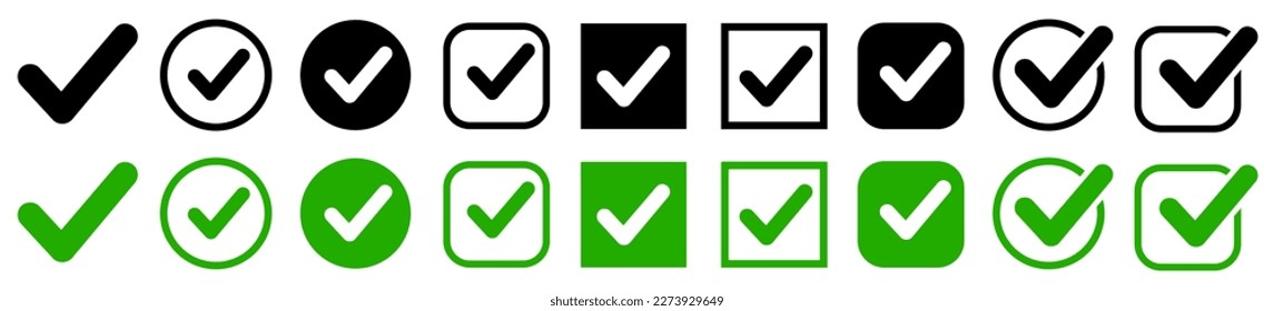 Approval check icon isolated, set quality sign, green and black tick – vector