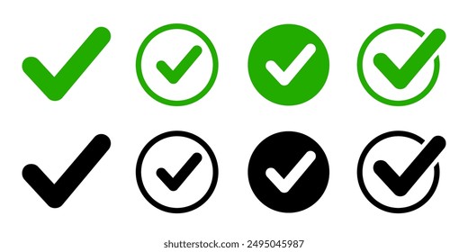 Approval check icon isolated, set quality sign, green and black tick