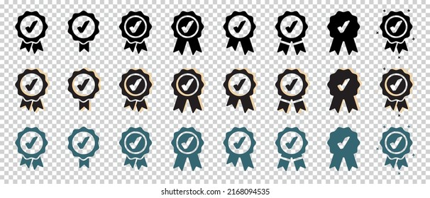 Approval Check Icon, Quality Sign, Certified Medal Symbol Set - Different Vector Illustrations Isolated On Transparent Background